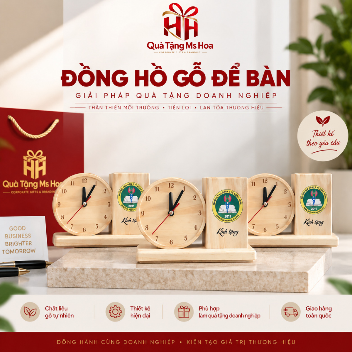 Đồng Hồ Gỗ Để Bàn in logo Doanh Nghiệp